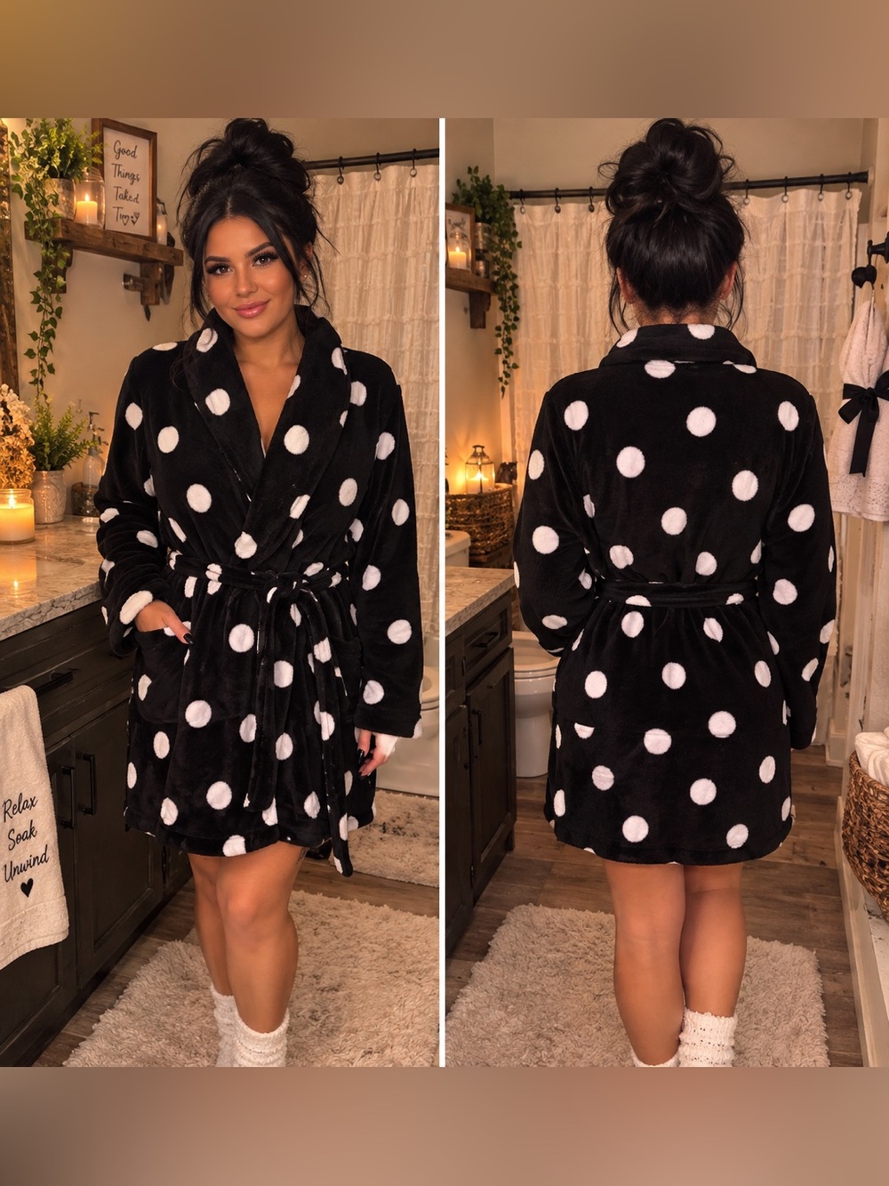 croft & barrow Black Plush Robe with White Polka Dots